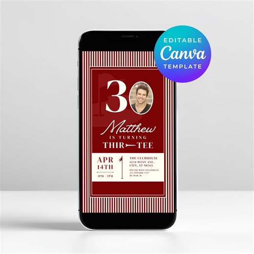 Golf Themed Birthday Card Invitation, Animated Evite, Editable Photo, Canva Template, Burgundy Red, Digital Party Invite, Mens Party 3061 - Etsy