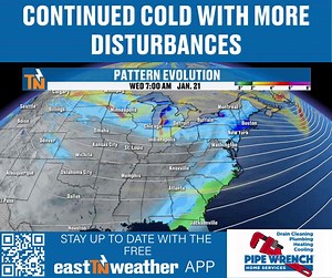 A solid northwest pattern continues bringing in the colder weather. Toward the end of the week, I'll be watching a few more disturbances that 'could' bring us a wintry mix with light rain and possible light snow. Make sure to check back in this week. Pipe Wrench Plumbing, Heating & Cooling, Inc has been in business since 2001, They have proudly delivered top-notch plumbing and HVAC services to the greater Knoxville community. Whether you need repairs, replacements, or maintenance, we offer same-