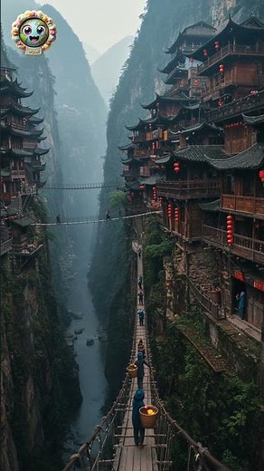 🌉 Sky Village in the Mountains! The Most Breathtaking Suspension Bridge 🏮✨ #youtubeshorts #shorts