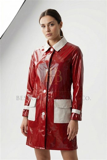 Vintage Red Vinyl Trench Coat With White Accents Glossy Long Coat Women's Fashion - Etsy