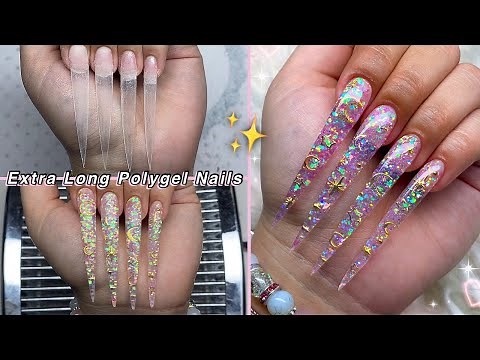 EXTRA LONG GLITTER POLYGEL NAILS✨ STILETTO NAILS & MOON CHARMS DESIGN | Nail Tutorial