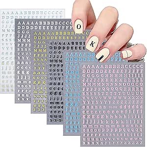 CHANGAR Letter Nail Stickers for Nail Art - English Alphabet Nail Decals Self-Adhesive Letter Pegatinas Uñas White Black Laser Big Small for Women Girls DIY Nail Decoration (6 Sheets)