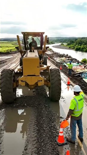 Powerful Motor Grader Builds Road by the River! 🚜