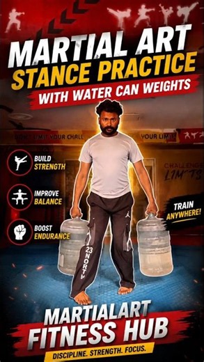 Martial Art Stance Practice with Water Can Weights