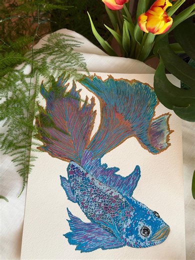 Original Blue Betta Fish Watercolor Painting With Modern Touch | Watercolor Painting | Mixed Media Art - Etsy