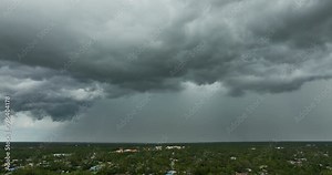 Tropical storm in Florida. Stormy clouds forming during heavy thunderstorm on dark sky. Moving and changing cloudscape weather