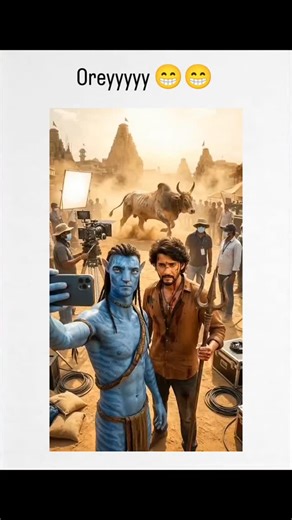 sachin Jangid on Instagram: "The post shares a montage of behind-the-scenes footage from the Telugu film Kalki 2898 AD, featuring stars like Prabhas, Rana Daggubati, and Amitabh Bachchan in blue Na'vi body paint from Avatar, humorously posing for selfies amid desert and snowy set, it captures nostalgic fan joy over the film's ambitious VFX, blending epic mythology with sci-fi in a million production that grossed million worldwide. Replies playfully propose adding actors like Balakrishna or Pawan