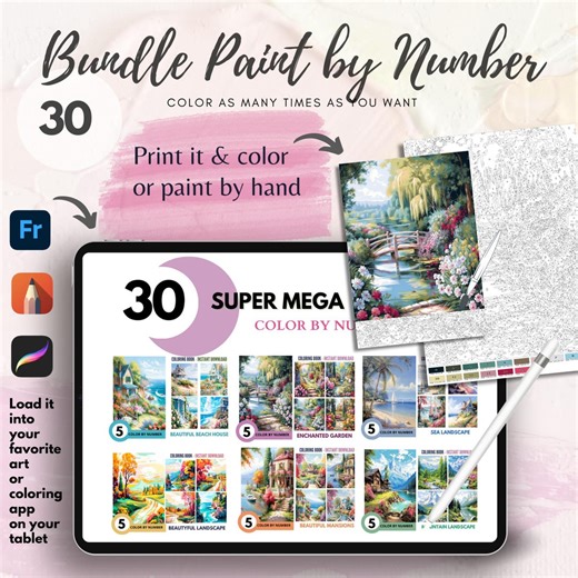 Bundle 30 Color By Number for Adult, Paint by Number Printable for Procreate, (Digital download) | 465