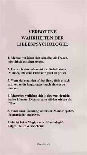 VERBOTENE WAHRHEITEN DER LIEBESPSYCHOLOGIE ❤️‍🔥 Folge mir für mehr tipps und selbstliebe 🤍 •Männer verlieben sich schneller, aber zeigen es selten. •Frauen testen unbewusst die Geduld eines Mannes. •Körperkontakt verstärkt Anziehung – oft unbemerkt. •Unerreichbarkeit macht attraktiver als ständige Nähe. •Männer vermissen später, Frauen intensiver. Liebe ist keine Magie – es ist Psychologie! 💡 Folgen für mehr Insights, teilen & speichern nicht vergessen! #selbstliebe #mindset #persönlichkeitse