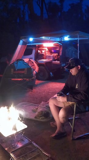 These are the best nights. Simple setup- @Kulkyne Swags under the @30 Second Wing Awning with the doggo. Fire roaring and river flowing 👌