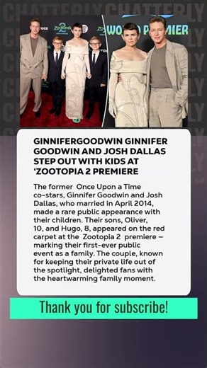 #GinniferGoodwin Ginnifer Goodwin and Josh Dallas Step Out with Kids at ‘Zootopia 2’ Premiere