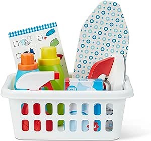 Melissa & Doug Laundry Basket Play Set with Wooden Iron, Ironing Board, and Accessories (14 Pcs) Pretend Play Laundry Set for Kids with Iron
