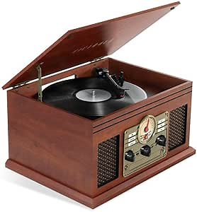 Victrola Hawthorne – 3-Speed (33 1/3, 45, 78 RPM) Bluetooth Record Player with CD, Cassette, FM Radio, & Built-In Stereo Speakers, RCA Out & Aux In, Wireless Music Streaming (Mahogany)