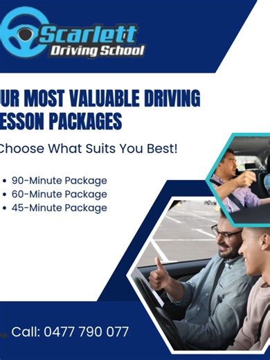 Our Most Valuable Driving Lesson Packages – Choose What Suits You Best! At Scarlett Driving School, we offer flexible lesson packages designed to match every learner’s confidence level and schedule. Whether you’re just starting or polishing your driving skills, we’ve got the perfect option for you 👌 🔹 90-Minute Package – Ideal for beginners who want in-depth practice 🔹 60-Minute Package – Perfect for consistent skill improvement 🔹 45-Minute Package – Quick refresher sessions before your driv