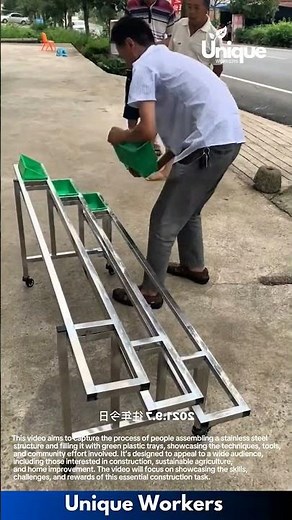 Assembling a stainless steel structure: people assembling a stainless steel structure and filling