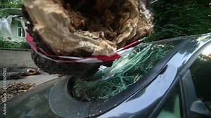 Tree Falls on Car as High Winds Hit. Tree log fell on the car and crushed it after extreme bad weather, high winds and severe storm. Strong winds rainstorm car incident. Broken windshield accident