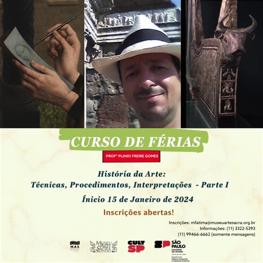 Curso de Férias: História da Arte: Técnicas, Procedimentos, Interpretações - Parte I Desde a Pré-História até as Vanguardas, nossa educação tradicionalmente nos guiou por uma linha do tempo centrada na visão eurocêntrica. No entanto, ao adotarmos essa periodização convencional, corremos o risco de limitar a interpretação artística. Como, então, explorar e entender a arte de outras civilizações e culturas? Este curso propõe desafiar a visão linear dos estilos, deslocando o foco da análise para al