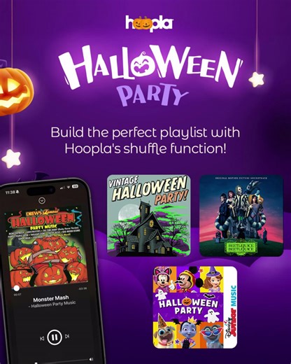 1.6K views · 14 reactions | Get ready to have a fang-tastic time with Hoopla’s Halloween Music Playlist collection!  With Hoopla's shuffle feature, you can mix and match multiple borrowed albums to keep the frightful fun going all night long.  https://hoopla.app.link/X8AeuAeUxXb | Hoopla Digital | Facebook