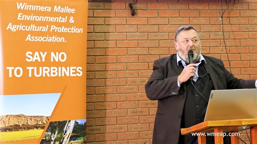 At the WMEAP meeting on Monday, April 28th, the audience listened to Barrister Mr Raymond Broomhall discuss the very serious adverse health effects that wind turbines may potentially cause to humans and livestock. Full Recording here https://youtu.be/Q-Ke6gaYEzo?si=GSo5deFHh-MzQdga The 140 people present, who came from as far as Charlton, Horsham, Woomelang, Birchip, were told of potential health risks of exposure to non-ionising electromagnetic radiation that wind turbines and high voltage powe