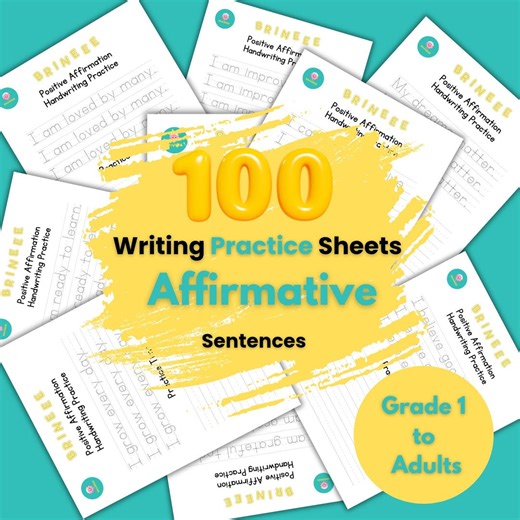 100 Handwriting Practice Worksheets With Affirmations |100 Traceable Sentences Kids & Adults Writing Patterns|printable Classroom Homeschool - Etsy