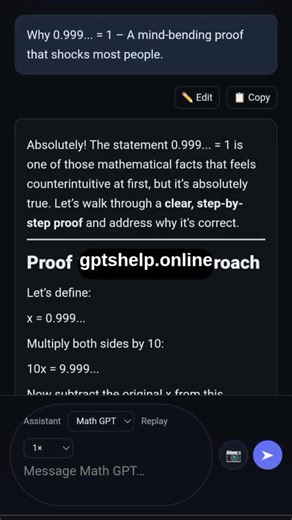 🤯 The truth behind 0.999… = 1 will blow your mind. MathGPT breaks the proof down so clearly you’ll never see numbers the same again. Replay it until it clicks 🔁 Try it free → gptshelp.online #MathGPT #MindBlowingMath #StudyTok #MathHelp #DidYouKnow