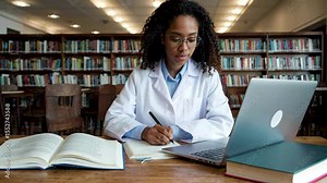 Female Doctor Library Using Laptops to Study In the Library