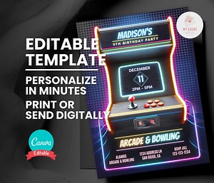 Arcade Birthday Invitation, Video Arcade With Any Theme Party Invite, Editable Template, Digital Evite, Printable Bday Card Instant Download - Etsy
