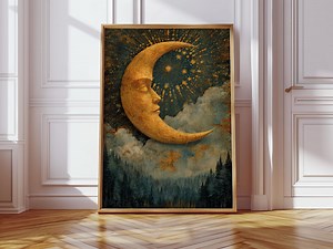 Golden Crescent Moon Face Art Print, Celestial Night Sky Illustration, Vintage Lunar Wall Decor, Starry Forest Cosmic Landscape - Etsy