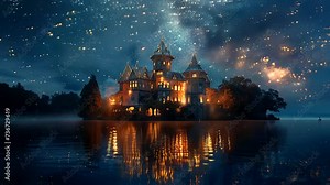 beautiful castle in the middle of the lake at night. Seamless looping time-lapse virtual 4k video animation background