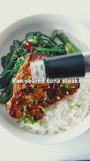 Honey soy tuna steaks, coconut milk rice & garlic tamari tenderstem