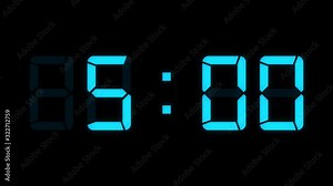 Loopable: Blue LED digital clock displays the current time in 24-hours > format updating 1 minute per frame. Animated digits on black background.