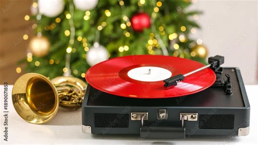 Red vinyl record spinning on a vintage turntable next to a golden horn and festive Christmas tree with bokeh lights