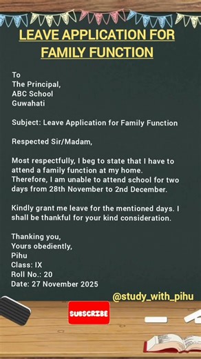 Leave Application for Family Function ✉️ | Easy School Leave Letter | Study with Pihu #shorts