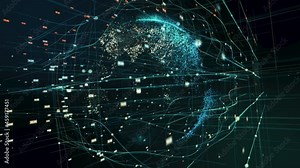 Rotating EARTH in CYBERSPACE structure with LINES and NODE. Connection, BINARY CODE. ANIMATION of futuristic and technology concept around globe. DIGITAL FUTURE. 4K resolution seamless loop. Global