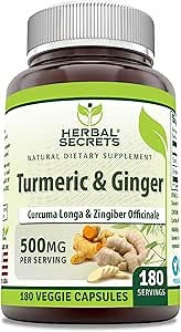 Herbal Secrets Turmeric & Ginger 500 Mg Veggie Capsules Supplement | Non-GMO | Gluten Free | Made in USA (1 Pack, 180 Count)