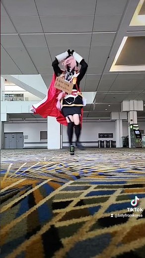 Astolfo cosplay jump with monster energy.