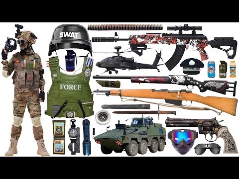 Unboxing of special forces toy guns: SCAR assault rifle, sniper rifle, tactical helmet, and bomb