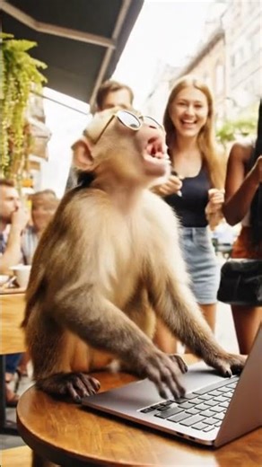 Monkey working on laptop in a cafe #youtubeshorts