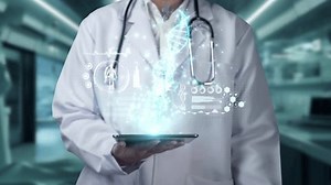 Close up of doctor holding tablet and pointing DNA hologram floating at laboratory with blurring background. Medical worker diagnosis genetic disorder and inspecting DNA sample holographic. Remedial.