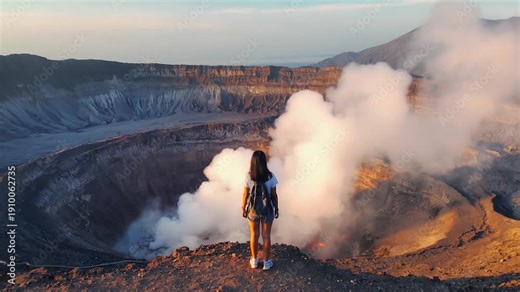 Woman overlooks an active volcano, steam rising from the crater. Sun casts warm light