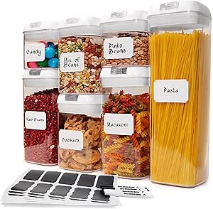 7 pc Airtight Food Storage Containers with Lids for Kitchen Use for All kitchen organization, Pantry Organization and Storage for Dry Food Containers for Food Contain Label and Marker (White)