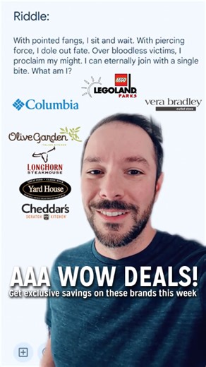63K views · 22 reactions | This week’s WOW Deals are too good to miss! 朗 Save big on Vera Bradley, score discounts at Darden Restaurants, grab seasonal styles from Columbia Sportswear, and enjoy family fun at LEGOLAND Parks. Shop now and see all the deals at AAA.com/WOW. #AAAMemberPerks #WeeklySavings #CashBack #DiscountsRewards #AAAWowDeals | AAA The Auto Club Group | Facebook