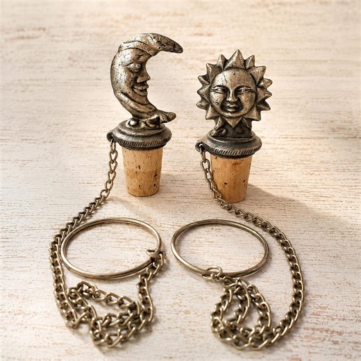 Vintage Sun Moon Bottle Stoppers, Heavy Metal Celestial Wine Corks, Boho Barware Set - Etsy