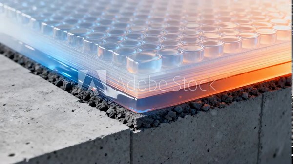 Closeup of phase change material layers integrated into substructure foundations promoting enhanced heat regulation and energy savings