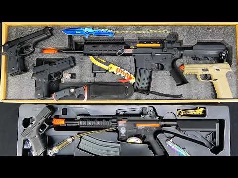 M4 AR15 Airsoft Rifle + 1911 & Glock Pistols! Tactical Knife Collection Unboxing