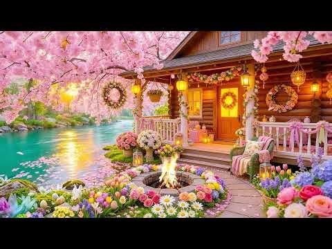 Dreamy Spring Cottage Porch 🌸 Relaxing Riverside Ambience, Flower Garden and Peaceful Piano