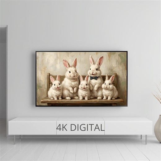 Frame TV Art Spring Texture Vintage Bunny Family, Cute Rabbit Parents 3 Babies Funny Faces, Samsung 4K Easter, Neutral Nursery Decor - Etsy