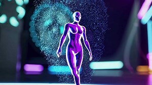 Futuristic Human Figure Scene with Neon Visual Effects Footage