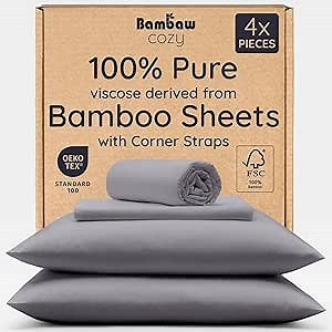 Bambaw 100% Viscose Derived from Bamboo Queen Sheet Set – 4pcs Soft Bedding Set, Deep Pocket Queen Cooling Sheets Fits Up to 16'' with Elastic Corner Straps (Dark Gray)