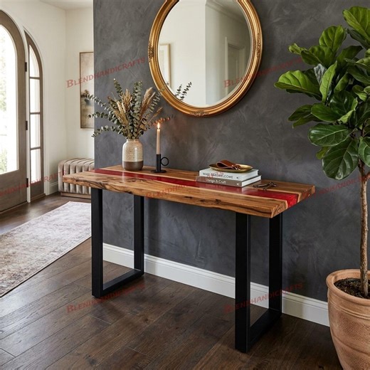 Custom Metallic Red Epoxy Console Table, Natural Wood Handmade Furniture, Luxury Modern Entry Table - Etsy